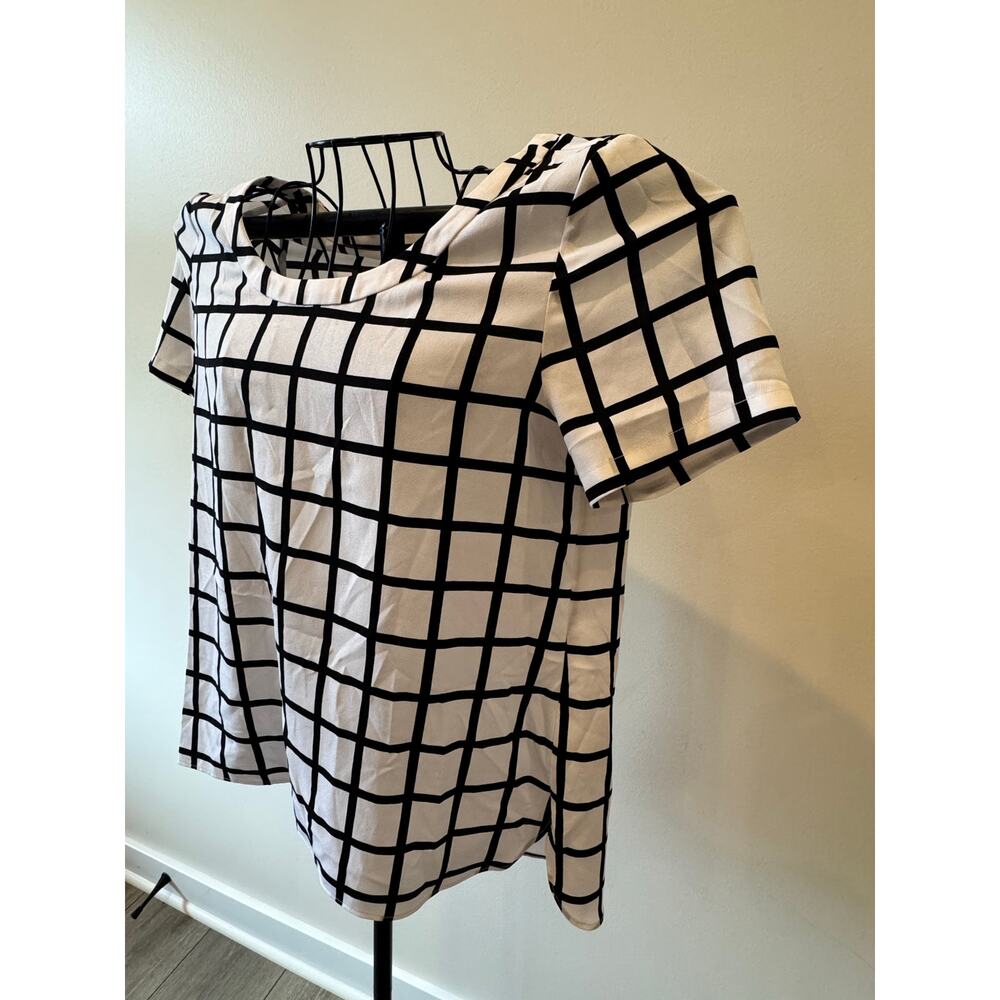 Banana Republic Grid Print Blouse Black White Short Sleeve Top Size Small